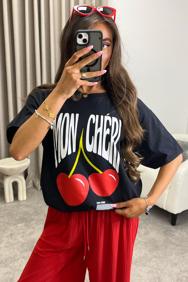 Melea Black Mon Cheri Slogan Graphic Print T-Shirt